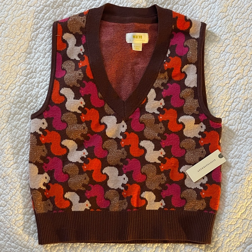 Colorful Squirrel Pattern Knit Vest by Maeve for Anthropologie. XS